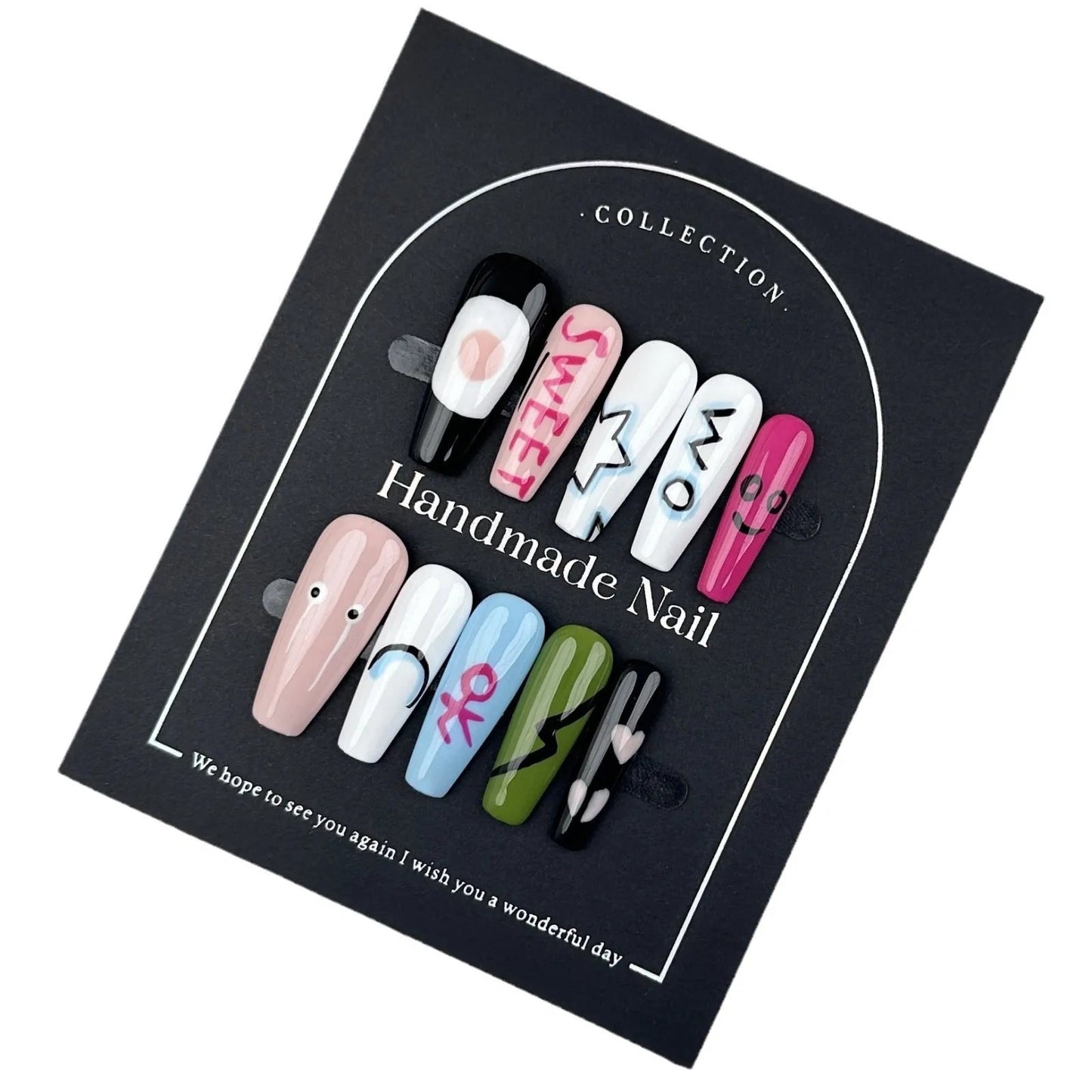 Handmade 3D Whitening Painting Press-on Nails Versatile Cute Anime Cartoon Design Durable ABS Fingers Pure Color Made for Good Vibrations