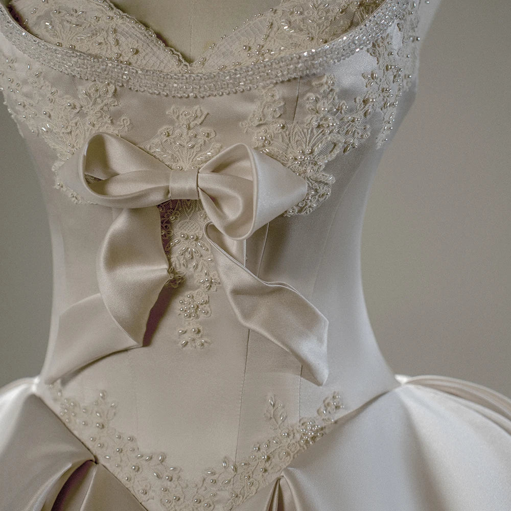 Satin Beaded Appliqued Bow Long Tail Bridal Ball Gown Wedding Dress Sfy184 Good Vibrations