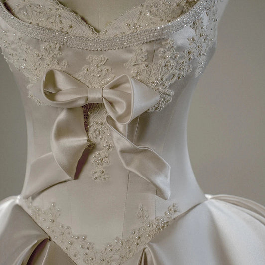 Satin Beaded Appliqued Bow Long Tail Bridal Ball Gown Wedding Dress Sfy184 Good Vibrations