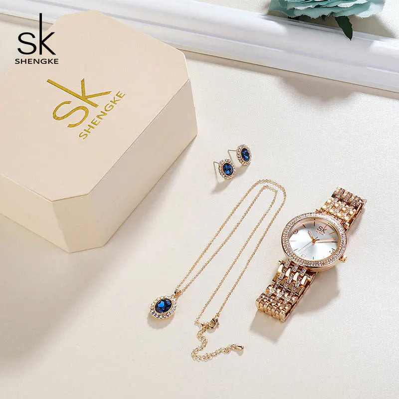 SHENGKE Octagonal Box Ladies Watch Set, Luxury Brand Exquisite Packaging Fashion Look Watch Necklace Earrings Three-in-one Set Good Vibrations