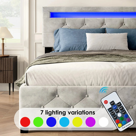 Luxe Velvet Platform Bed Frame with LED Headboard, 4 Storage Drawers, Adjustable Height, No Box Spring Needed, Queen Good Vibrations