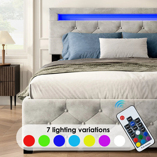 Luxe Velvet Platform Bed Frame with LED Headboard, 4 Storage Drawers, Adjustable Height, No Box Spring Needed, Queen Good Vibrations