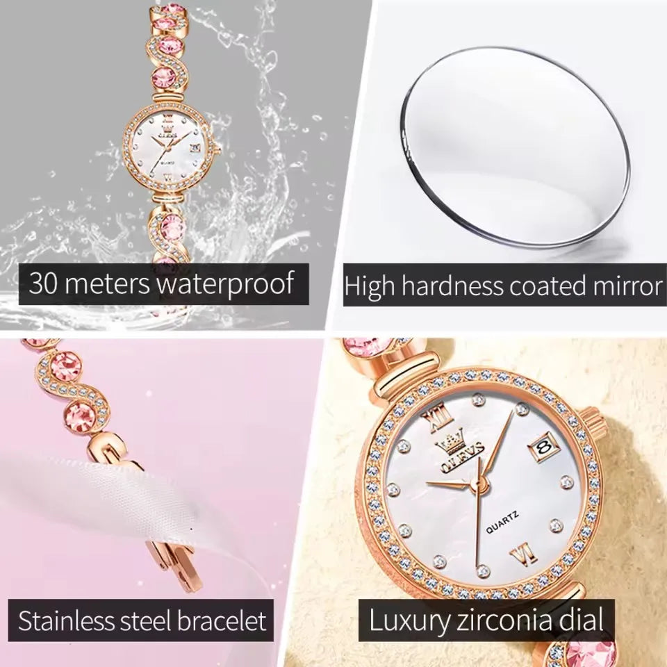OLEVS 5633 Women's Wristwatch Elegant Luxury Quartz Watch Ladies Fashion Waterproof Diamond Bracelet Watches Sapphire Girl Clock Good Vibrations