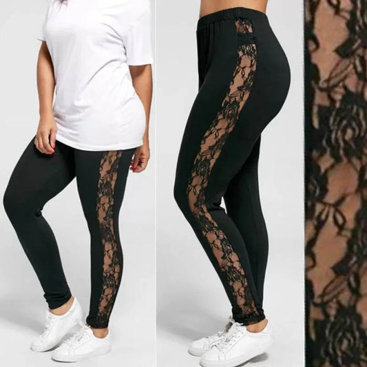 Womens Sexy Leggings Floral Lace Pants Side Sheer Black Leggings Slim Stretch Sexy Trousers Size L-3XL Good Vibrations