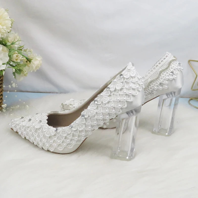BaoYaFang New Arrival Thick Heel Pointed Toe Womens Wedding Shoes High Heels ladies fashion shoes woman White Lace ankle strap Good Vibrations