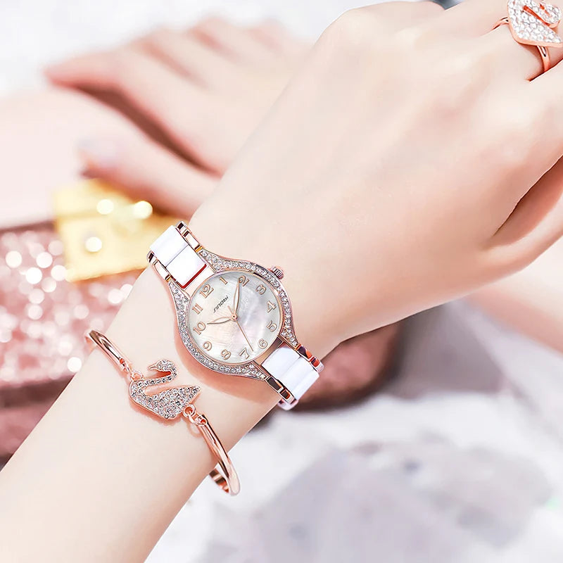 Sinobi Ceramic Band Luxury Diamond Wristwatch Jam Tangan 3ATM Water Resistant Quartz Watch Box Pack MIYOTA 2035 Movement Female Good Vibrations