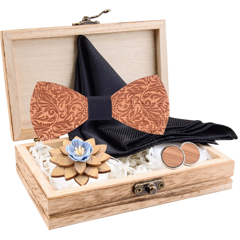 2020 Design Craved Floral Wooden Wood Bow Tit Set Navy Red Plaid Silk Pocket Square Cufflinks Broocn Bowtie Set For Mens Wedding