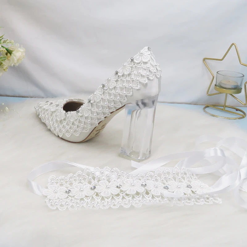 BaoYaFang New Arrival Thick Heel Pointed Toe Womens Wedding Shoes High Heels ladies fashion shoes woman White Lace ankle strap Good Vibrations