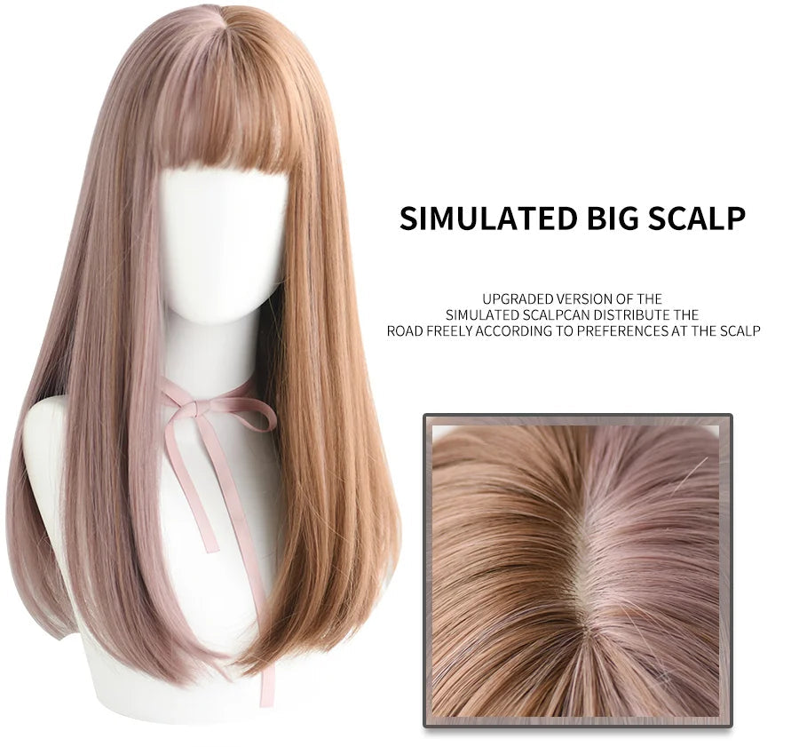 7JHHWIGS Long Wavy Synthetic Black Wigs For Women With Fringe Fashion Heat Resistant Mid-Length Daily Straight Light Brown Hair Good Vibrations