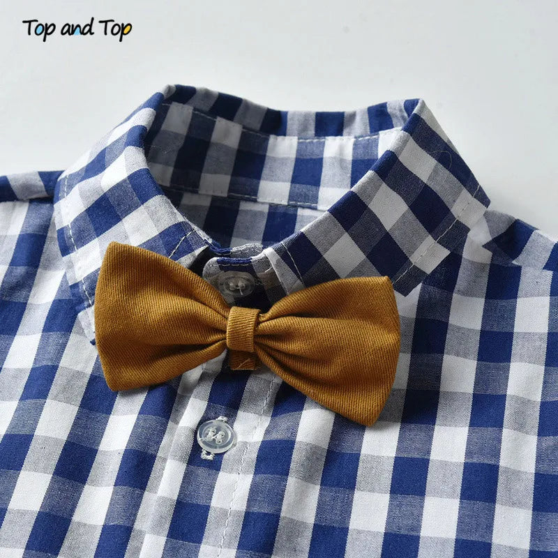 Top and Top Boys Clothing Sets Springs Autumn New Kids Boys Long Sleeve Plaid Bowtie Tops+Suspender Pants Casual Clothes Outfit Good Vibrations