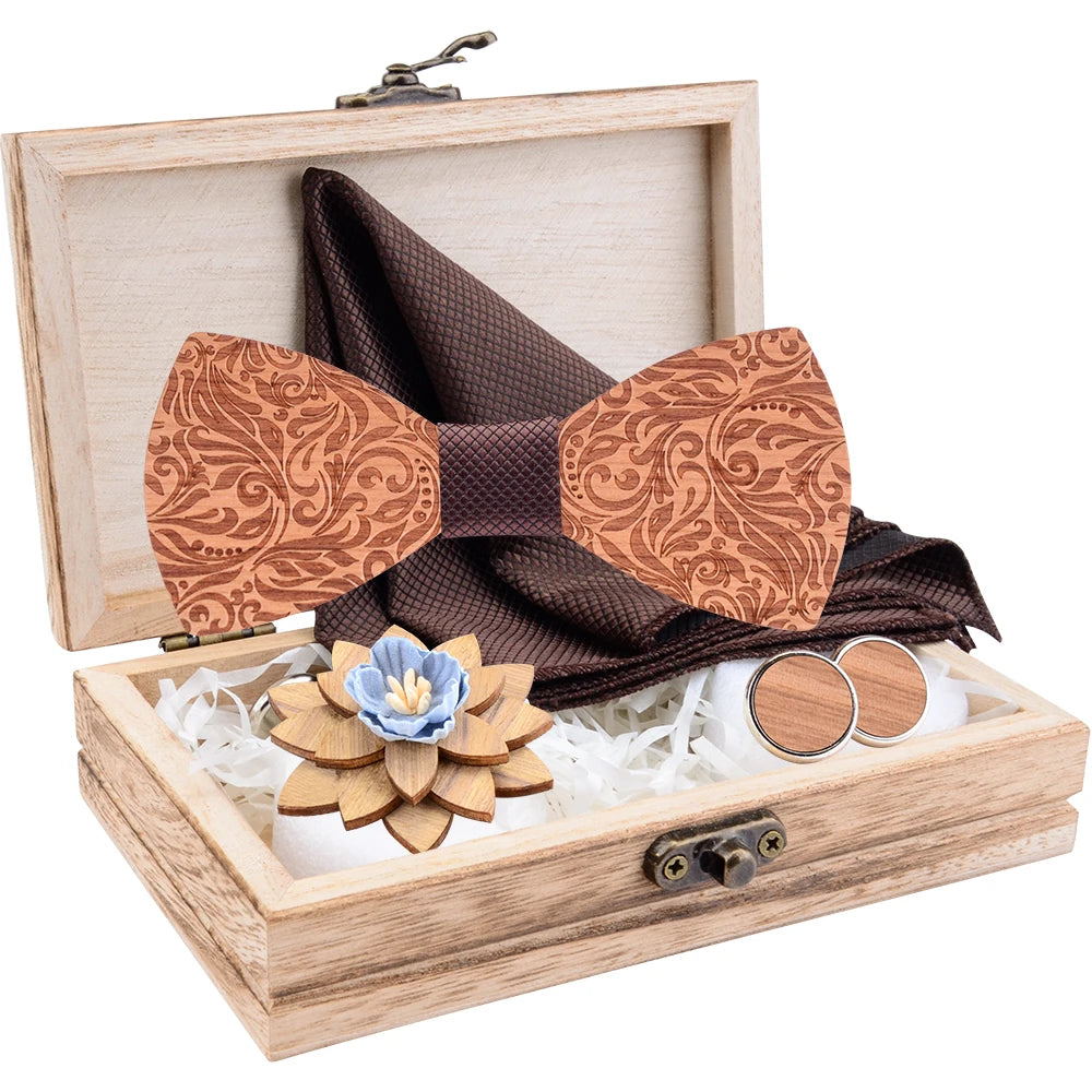 2020 Design Craved Floral Wooden Wood Bow Tit Set Navy Red Plaid Silk Pocket Square Cufflinks Broocn Bowtie Set For Mens Wedding Good Vibrations