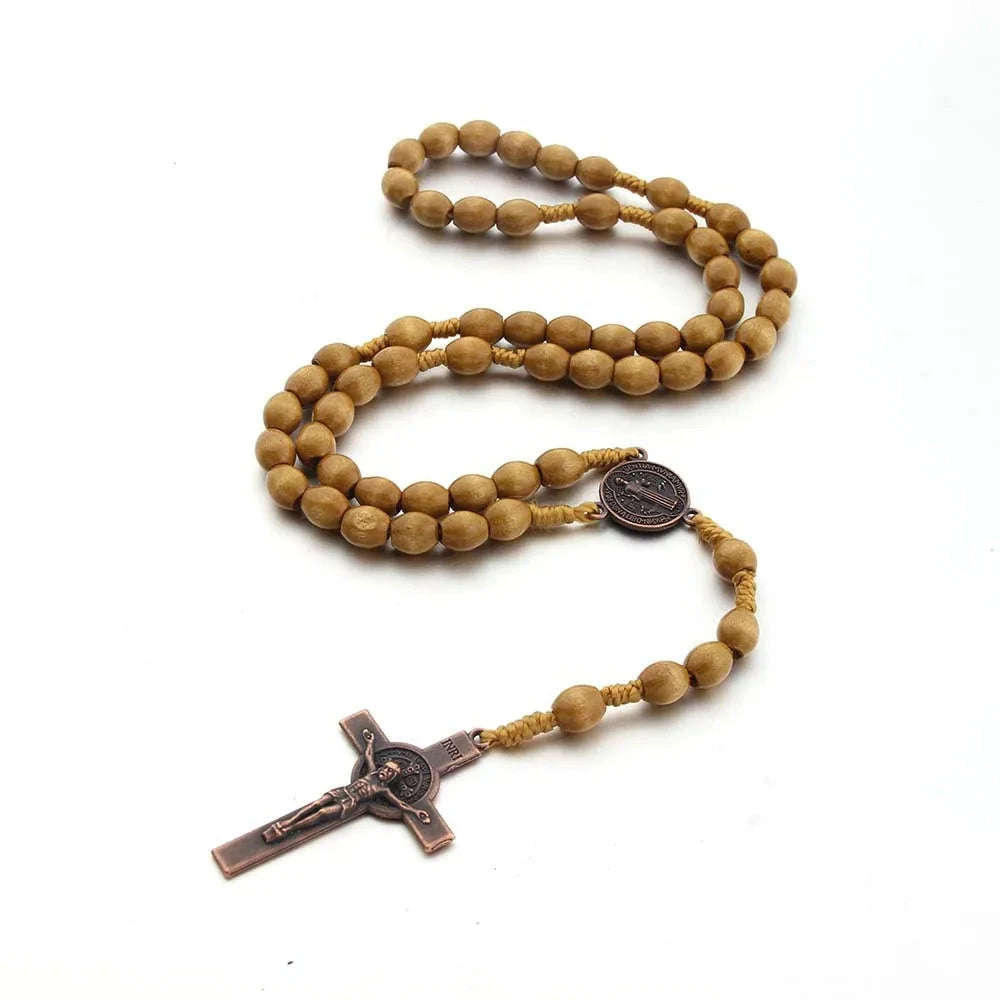 Jesus Cross Pendant Necklace Catholic Rosary Christian Religious Cross Hand Made Wooden Beads Exorcism Necklace Vintage Jewelry Good Vibrations