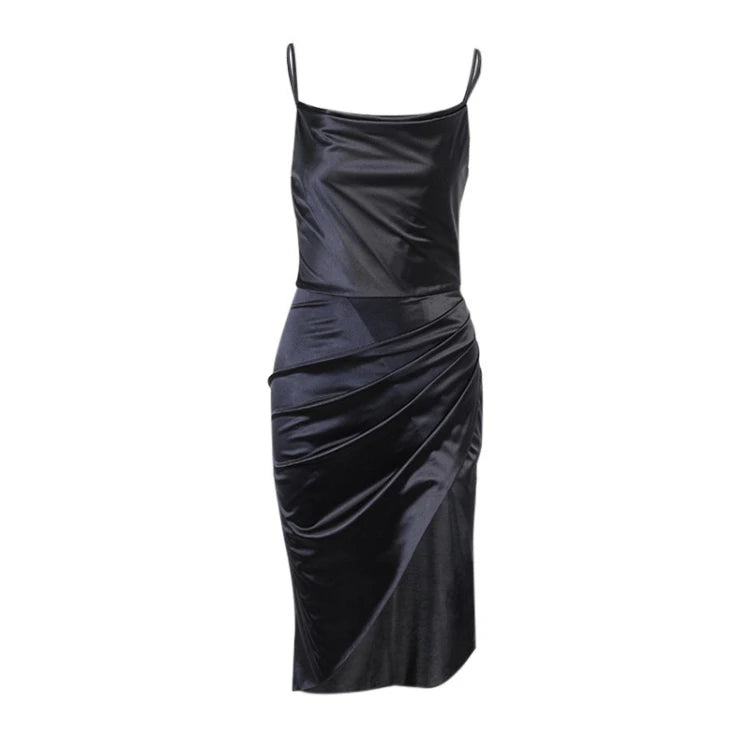 Enyami Summer Streetwear Elegant Club Satin Prom Women Midi Sundress High Slit Ruched Elegant Bodycon Sexy Party Slip Dress Good Vibrations