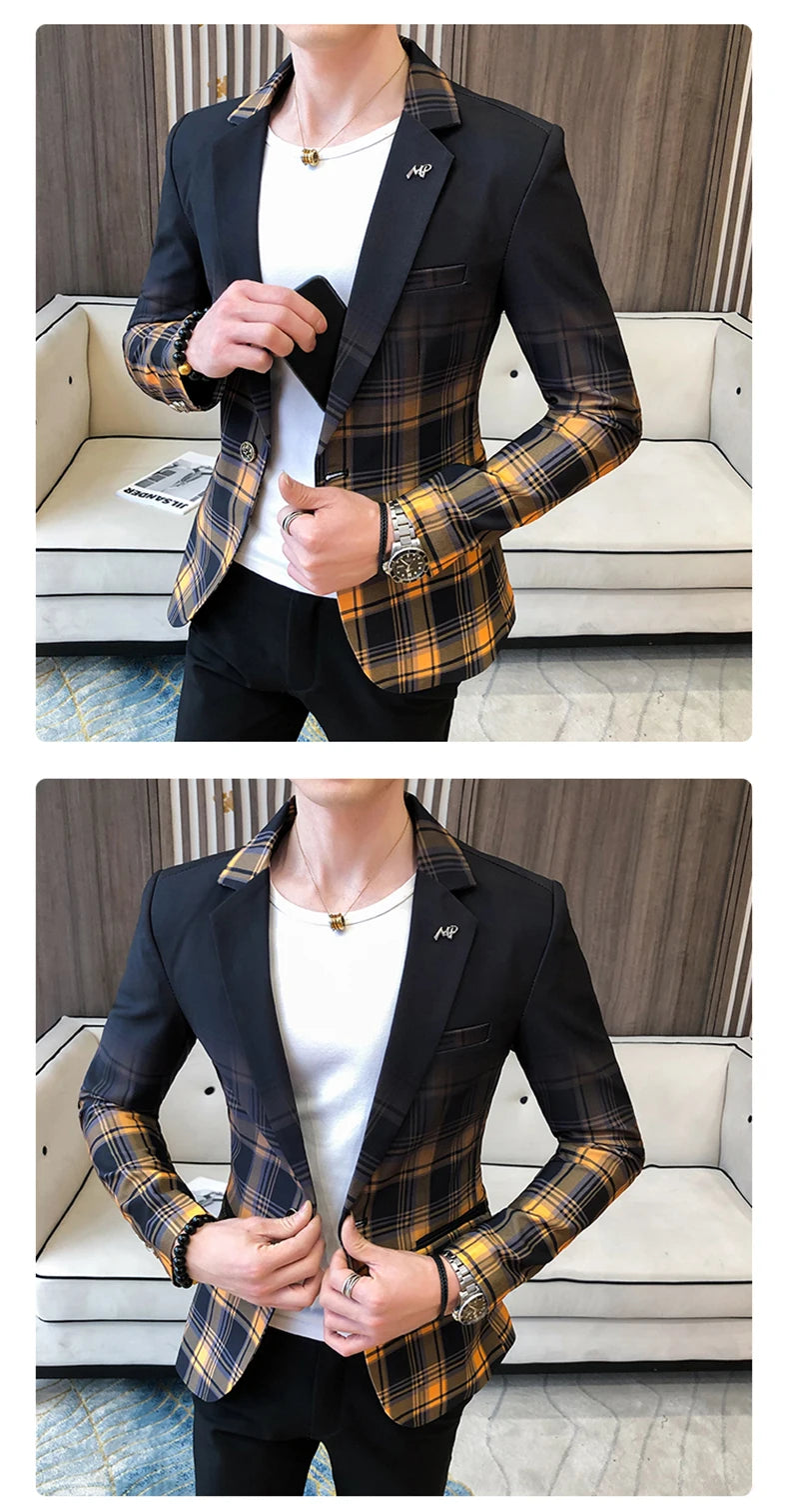 Blazer Men Boutique Fashion Plaid Men's Slim Casual Suit Jacket Male Ball Social Blazer Suit Coat Host Clothing Good Vibrations
