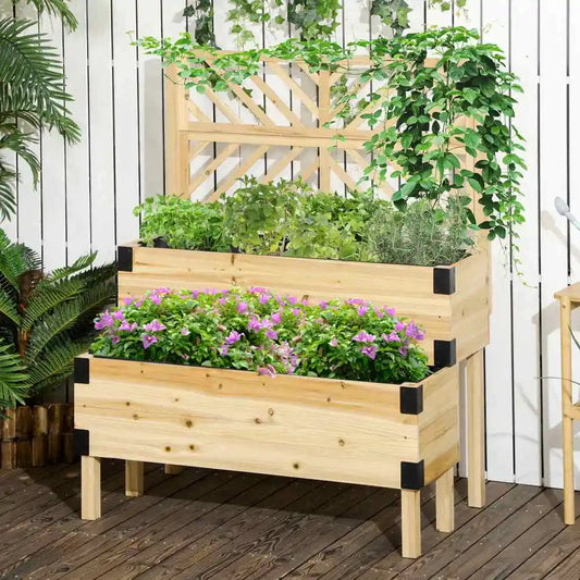 Raised Garden Bed with Trellis, 2 Tier Wooden Elevated Planter Box with Legs and Metal Corners for Flowers, Natural Good Vibrations