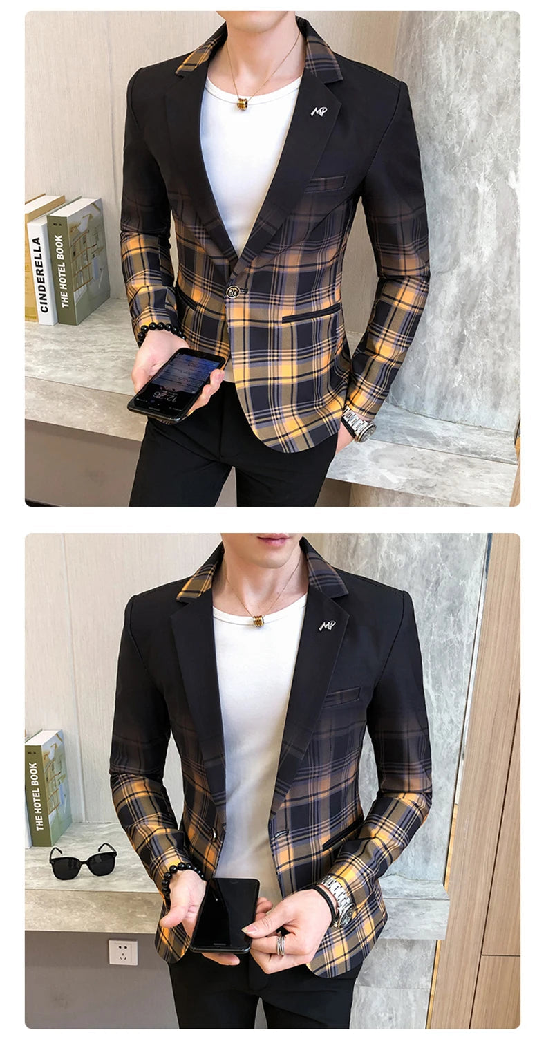 Blazer Men Boutique Fashion Plaid Men's Slim Casual Suit Jacket Male Ball Social Blazer Suit Coat Host Clothing Good Vibrations