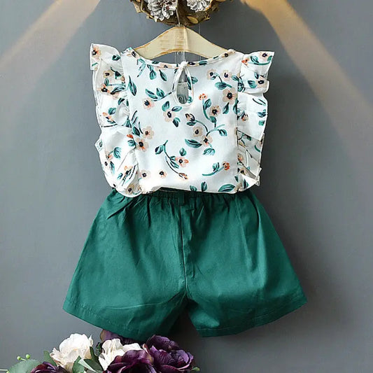 Girls Clothing Ruffle Sleeveless T-shirt+Skirt 2PCS Sets Baby Girls Clothes Chiffon Flower Print Toddler Outfits Children A402 Good Vibrations