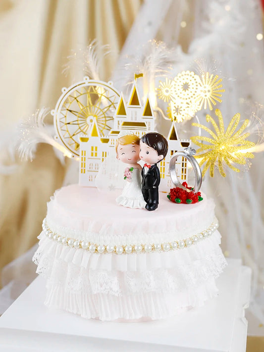 Happy Wedding Anniversary Gold Castle Acrylic Cake Toppers Bride Groom Mr Mrs Wedding Diamond Ring Cake Supplies Decoration Good Vibrations