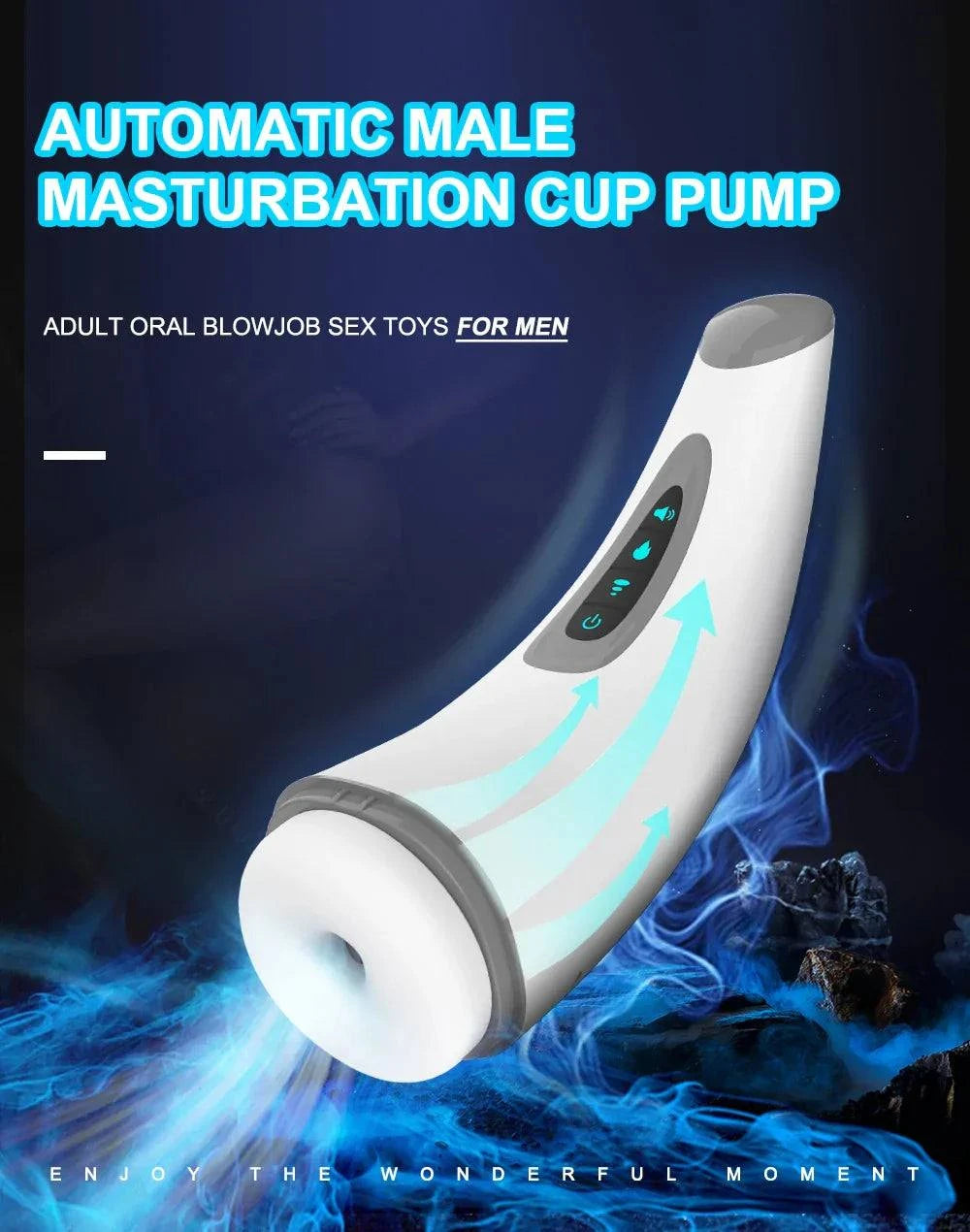 Automatic male masturbator cup with suction and heating features for adult oral sex experience.