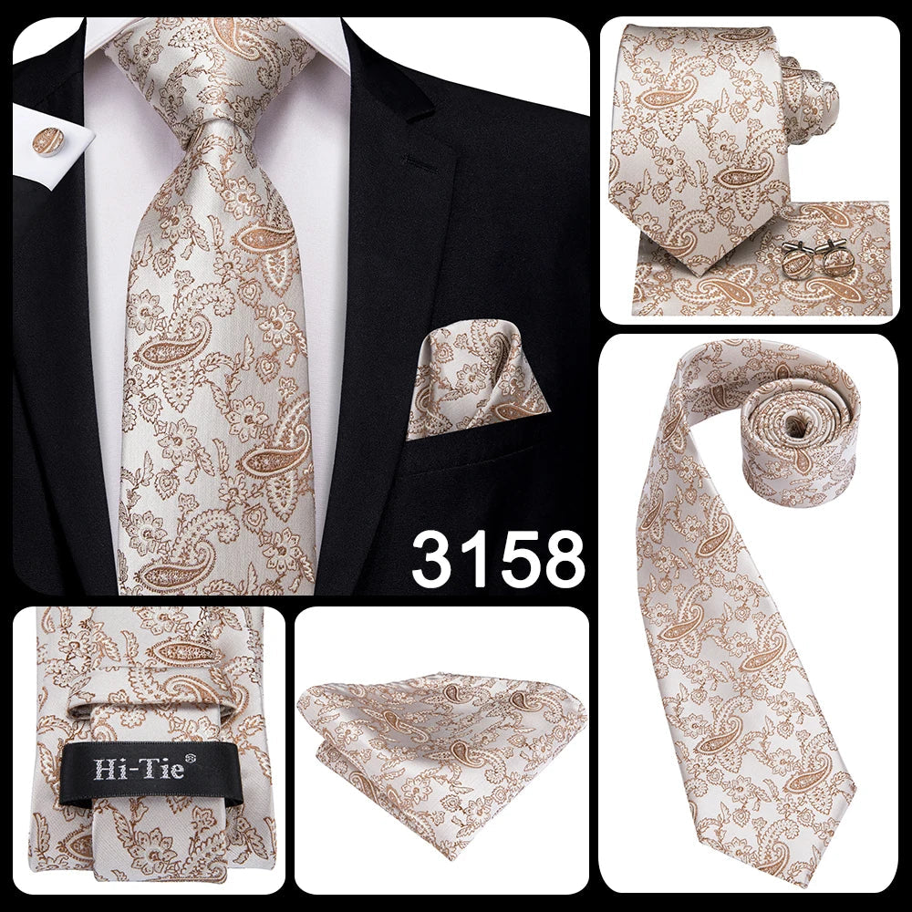 Hi-Tie Champagne Gold Striped Paisley Solid Men Silk Wedding Tie Fashion Design Necktie For Men Hanky Cufflink Business Party Good Vibrations