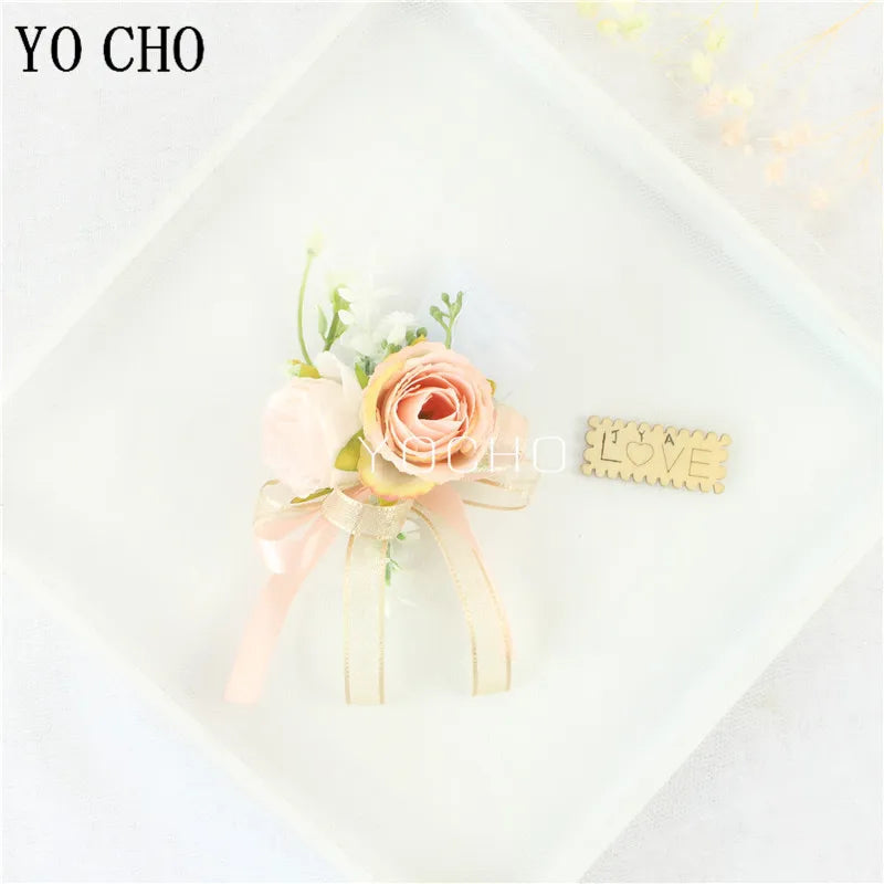 Wedding Groom Boutonniere Bride Bridesmaid Women Hand Wrist Flower Silk Rose Boutonniere Buttonhole for Marriage Party Flower Good Vibrations