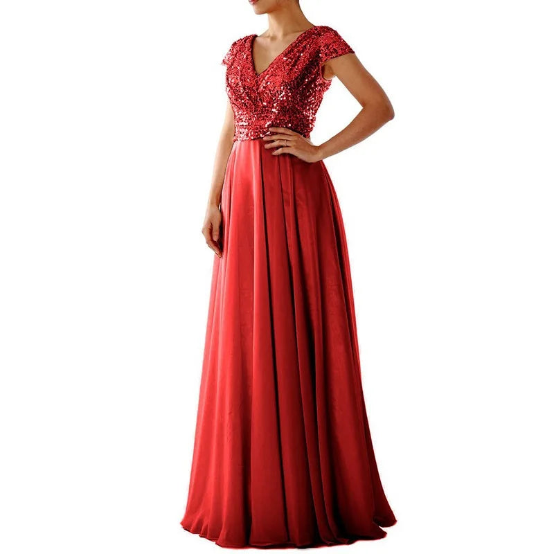 New Spring and Summer Women's V-neck Sequin Patchwork Elegant Formal Long Gown Evening Dresses 2024 Good Vibrations