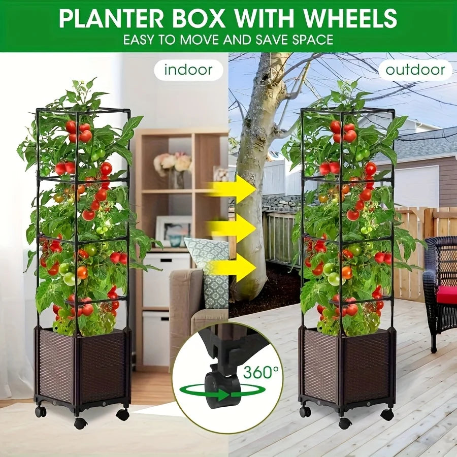 Raised Garden Bed Planter Box with Trellis,Self-Watering Tomato Cage Planters for Garden Climbing Plants Vegetable Vine Flower Good Vibrations