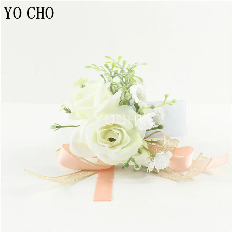 Wedding Groom Boutonniere Bride Bridesmaid Women Hand Wrist Flower Silk Rose Boutonniere Buttonhole for Marriage Party Flower Good Vibrations