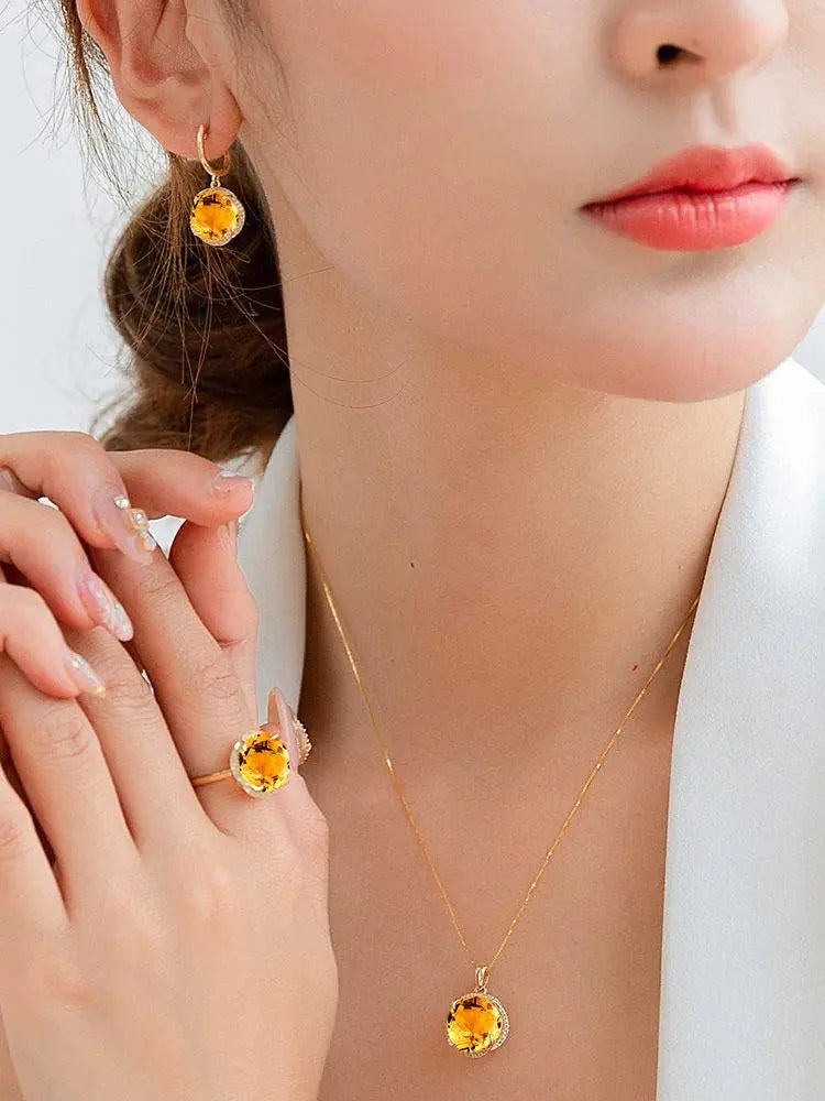 JoiasHome Charms Jewelry Sets for Women Fashion Yellow Crystal Ring Earrings Necklace Female Party Silver 925 Jewelry Wholesale Good Vibrations