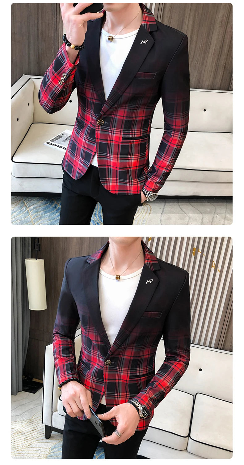 Blazer Men Boutique Fashion Plaid Men's Slim Casual Suit Jacket Male Ball Social Blazer Suit Coat Host Clothing Good Vibrations