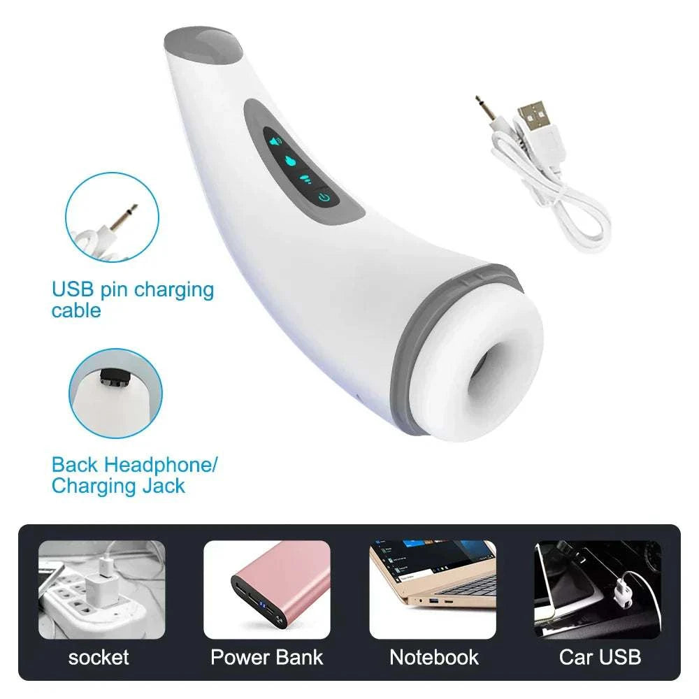 Automatic male masturbator with suction cup and heating features, USB charging cable included.