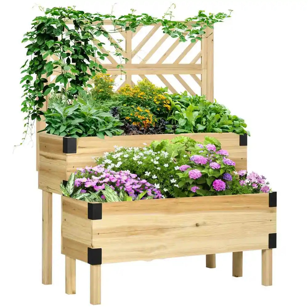 Raised Garden Bed with Trellis, 2 Tier Wooden Elevated Planter Box with Legs and Metal Corners for Flowers, Natural Good Vibrations
