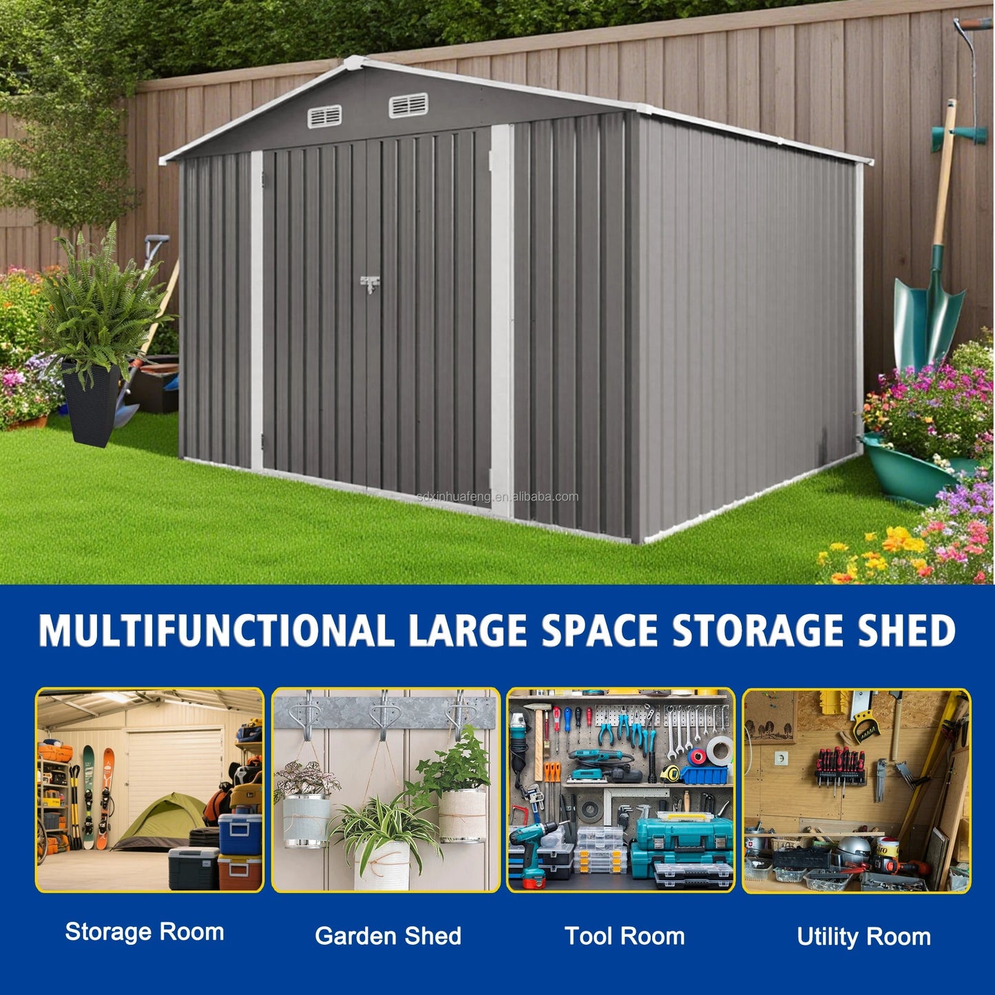 10X8FT Free Shipping Outdoor Metal Storage Shed Durable Garden Shed with Updated Frame Structure for Backyard Patio Tool Storage Good Vibrations