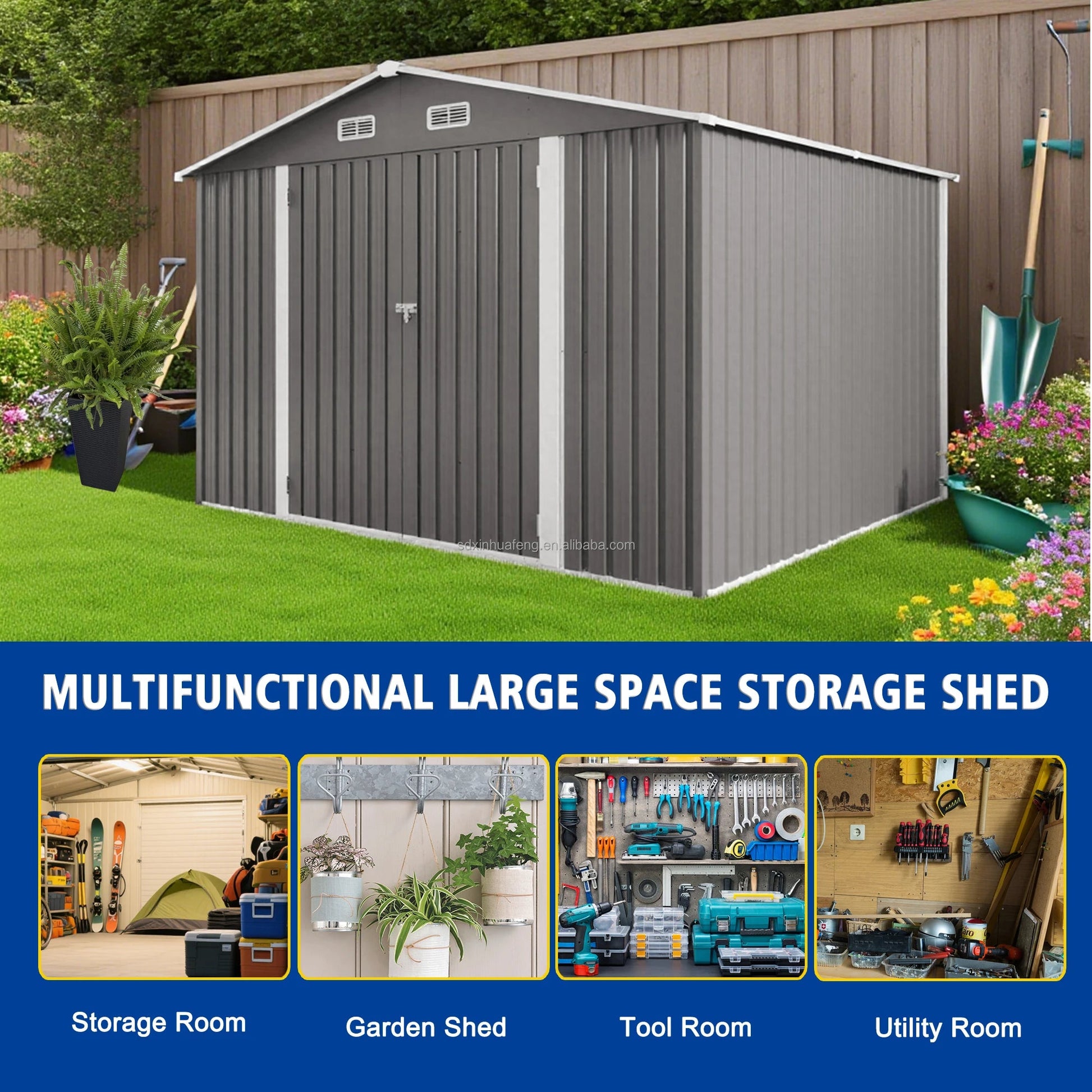 10X8FT Free Shipping Outdoor Metal Storage Shed Durable Garden Shed with Updated Frame Structure for Backyard Patio Tool Storage Good Vibrations