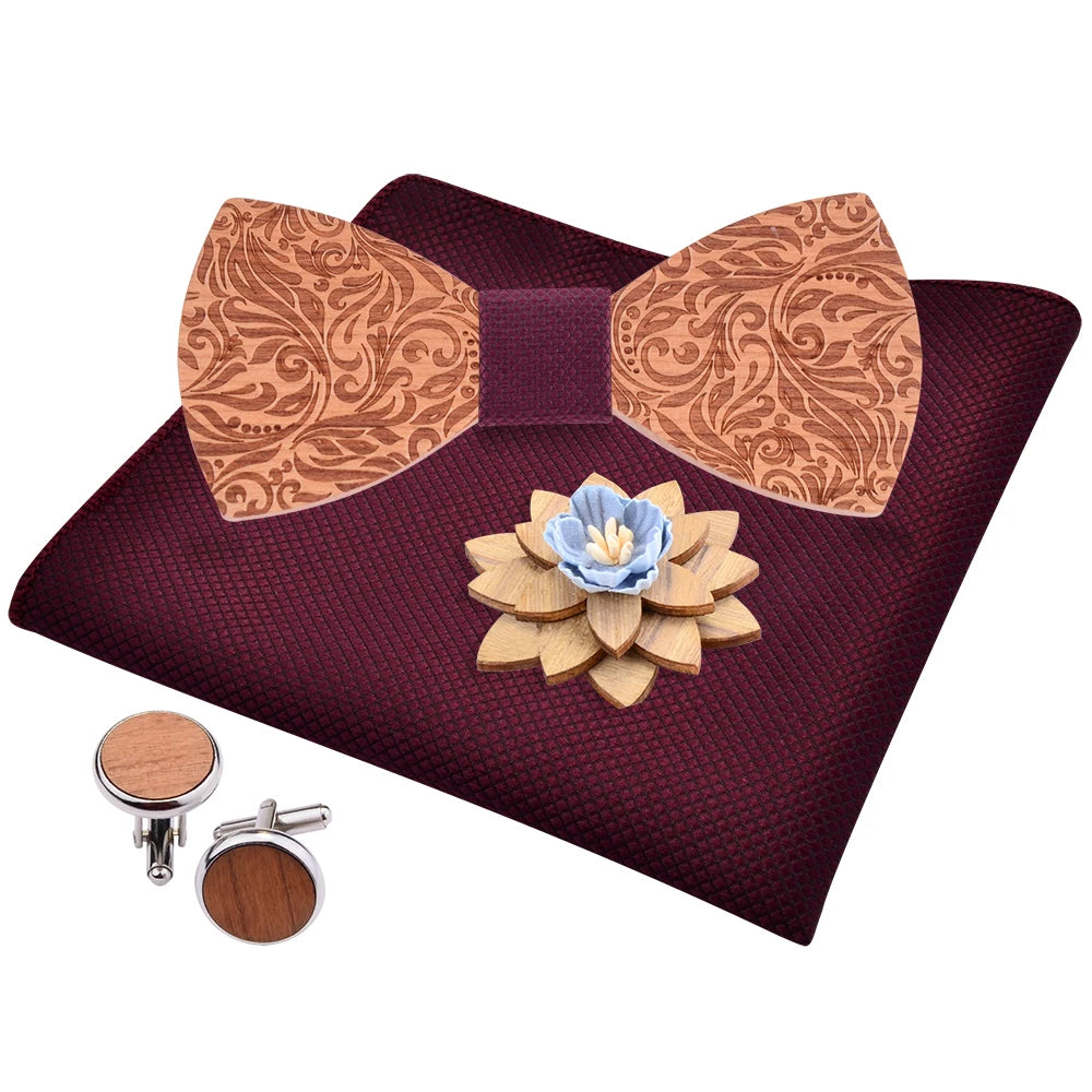 2020 Design Craved Floral Wooden Wood Bow Tit Set Navy Red Plaid Silk Pocket Square Cufflinks Broocn Bowtie Set For Mens Wedding