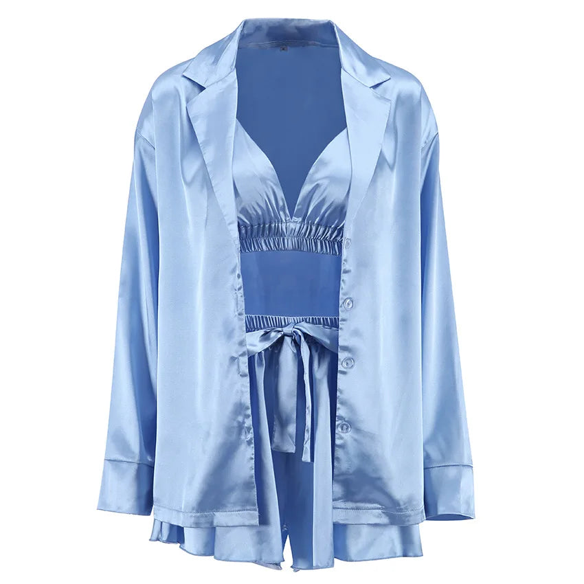 Enyami Elegant Spring Autumn Sexy Fashion Romantic Pajama 3 Piece Bra Blouse Shorts Satin Sleepwear Women Set Good Vibrations