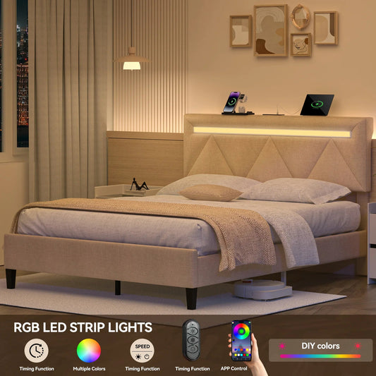Adjustable Full Bed Frame with LED Lights & Charging Station Modern Upholstered Platform Bed Headboard & Frame King Size Good Vibrations