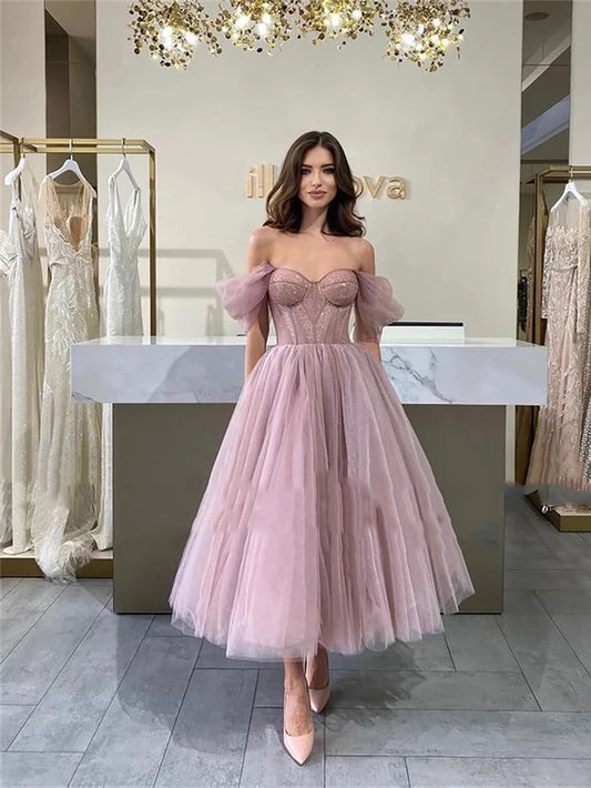 Customized Simple Tulle Short Prom Dresses Off The Shoulder Formal Party Gowns Fitted Bones Women Saudi Arabia Homecoming Dress Good Vibrations