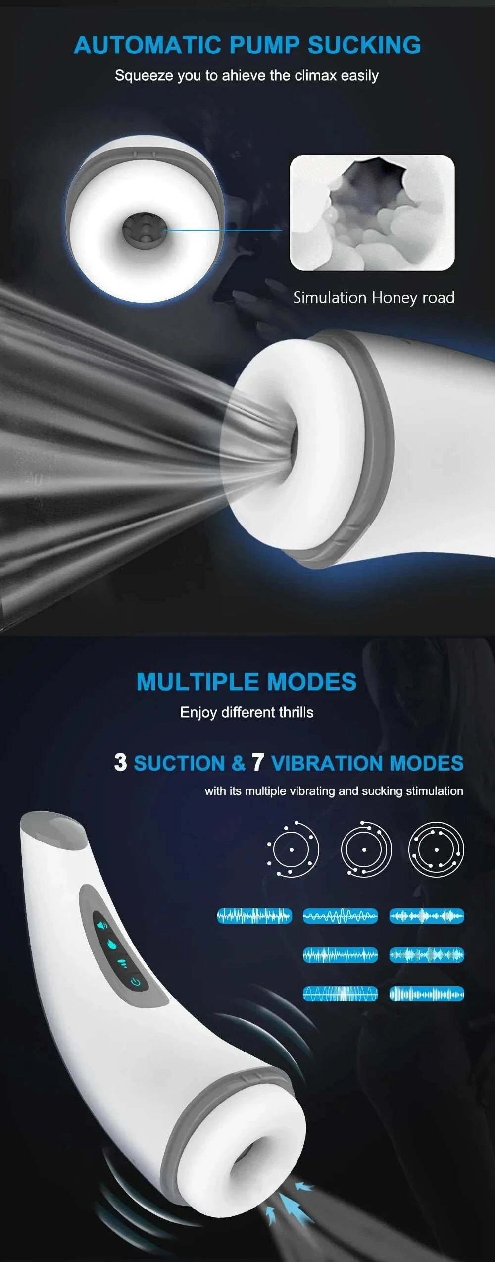 Automatic pump sucking male masturbator with multiple modes, featuring 3 suction and 7 vibration settings for enhanced pleasure.