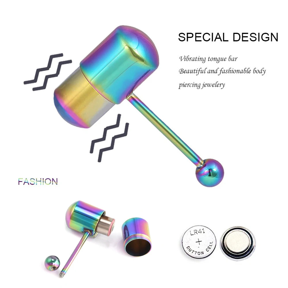With Battey Vibrating Tongue Ring 16G Surgical Steel Tongue Piercing Ring Vibrated Tongue Piercing Bar Body Jewelry Lengua Sexy Good Vibrations Adult Super Store
