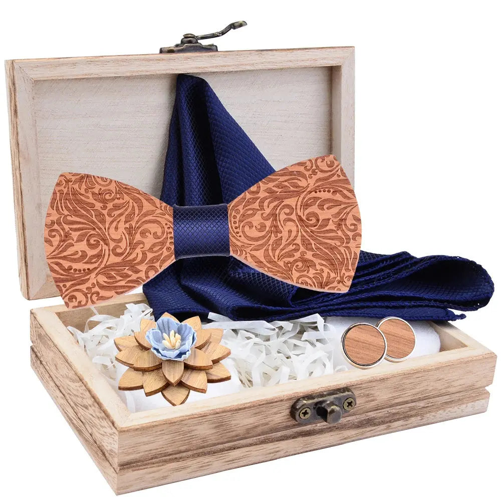 2020 Design Craved Floral Wooden Wood Bow Tit Set Navy Red Plaid Silk Pocket Square Cufflinks Broocn Bowtie Set For Mens Wedding Good Vibrations