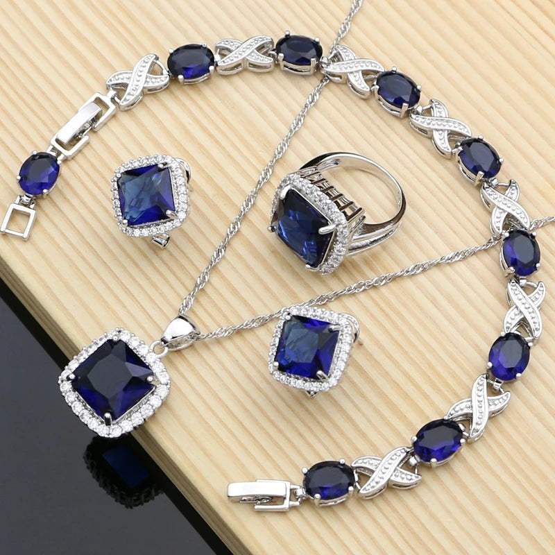 925 Silver Jewelry Sets Square Blue Sapphire Costume for Women Hoop Earrings Rings Bracelet Necklace Set Dropshipping Good Vibrations