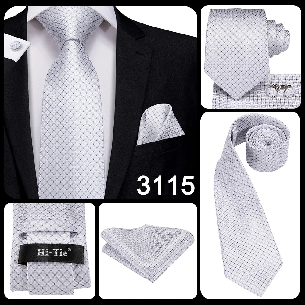 Men's Ties White Sliver Hanky Cufflinks Set Silk Neck ties For Men Wedding Party Business Mens Tie 2022 New Fashion Brand Hi-Tie Good Vibrations