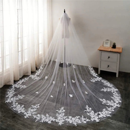 Western Style Bulk Sale Trendy Tulle Applique Long Veil Bridal Accessories Bride Flower Lace Cathedral Wedding Veil Good Vibrations