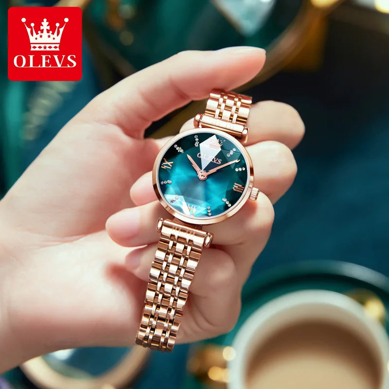 OLEVS Hot Sale Charm Dress Ladies Watch Quartz Stainless Steel Diamond Shape Starry Sky Women Watches Luxury Watch Gift Mom Wife Good Vibrations