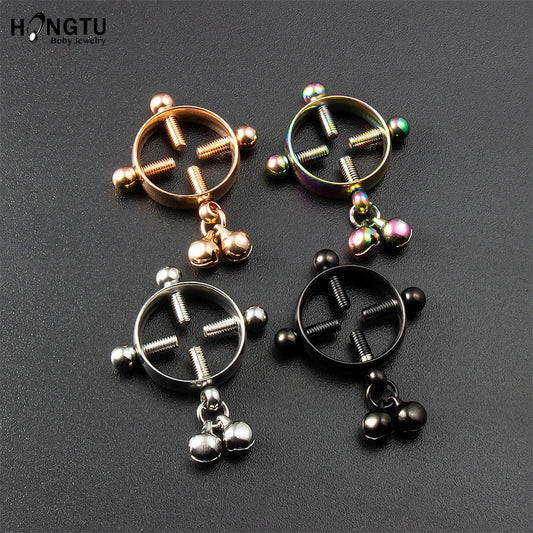 2PCS Screw Bell Pendant Fake Nipple Ring Women Stainless Steel Fashion Piercing Jewelry Body Jewelry Round Nipple Piercings Bar Good Vibrations