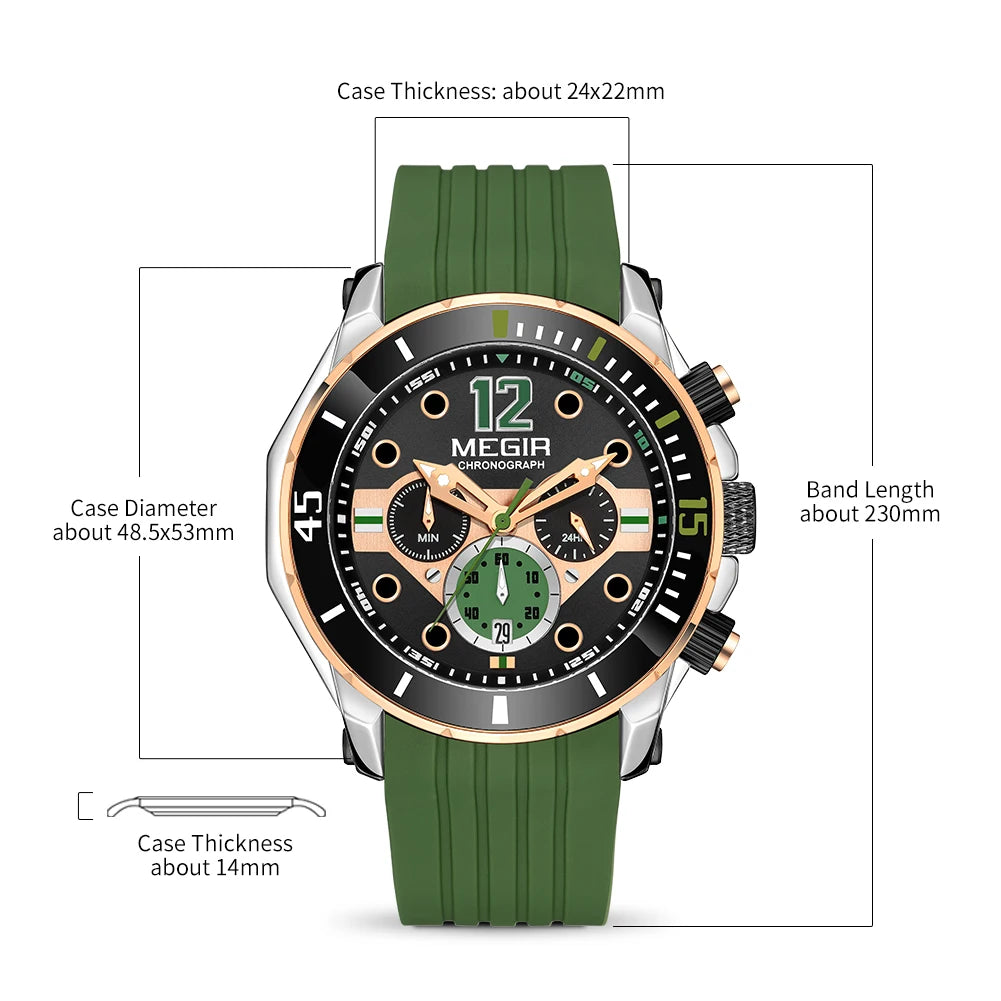 MEGIR 2206 Men's Luxury Sport Quartz Chronograph Watch Waterproof Silicone Band Calendar Stopwatch Luminous Fashion Business Good Vibrations