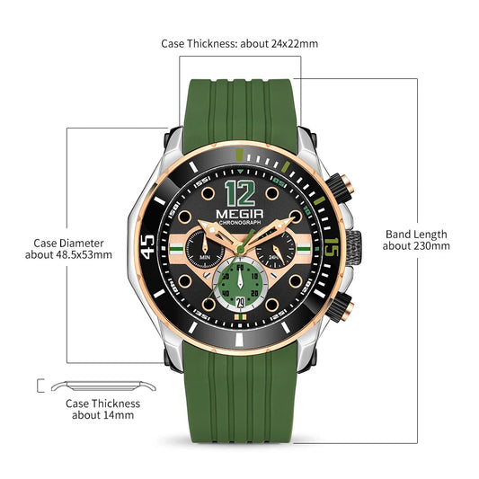 MEGIR 2206 Men's Luxury Sport Quartz Chronograph Watch Waterproof Silicone Band Calendar Stopwatch Luminous Fashion Business Good Vibrations