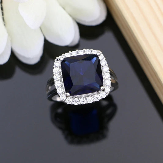 925 Silver Jewelry Sets Square Blue Sapphire Costume for Women Hoop Earrings Rings Bracelet Necklace Set Dropshipping Good Vibrations