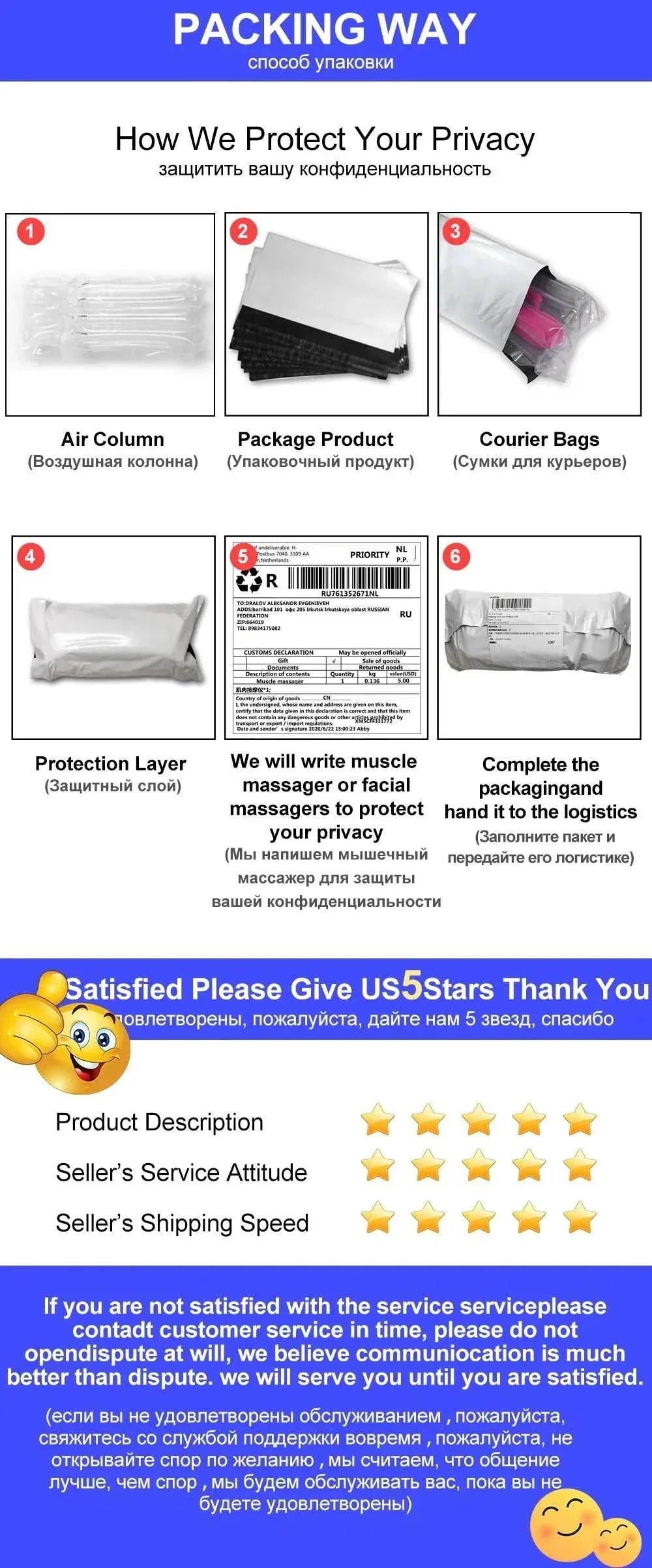 Packaging details for Vagina Sucking Male Masturbator Vibrator, showing privacy protection and satisfaction guarantee.